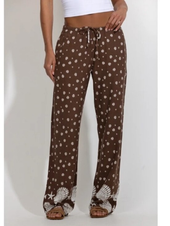 Cali1850 Pants - Cali1850 brown and white seashell print rayon and linen blend beach pants